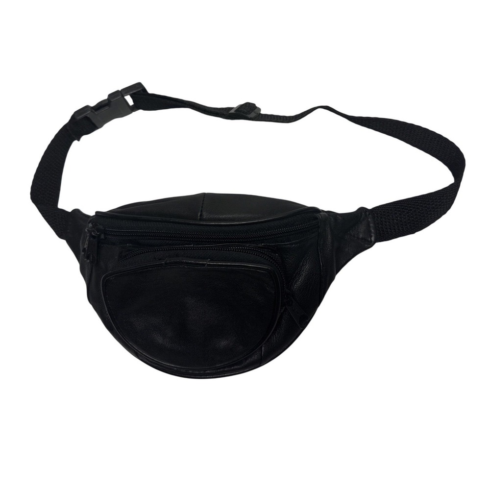 Vintage Genuine Leather Belt Bag Fanny Pack Black 3 Zipper Pockets Retro 80s 90s
